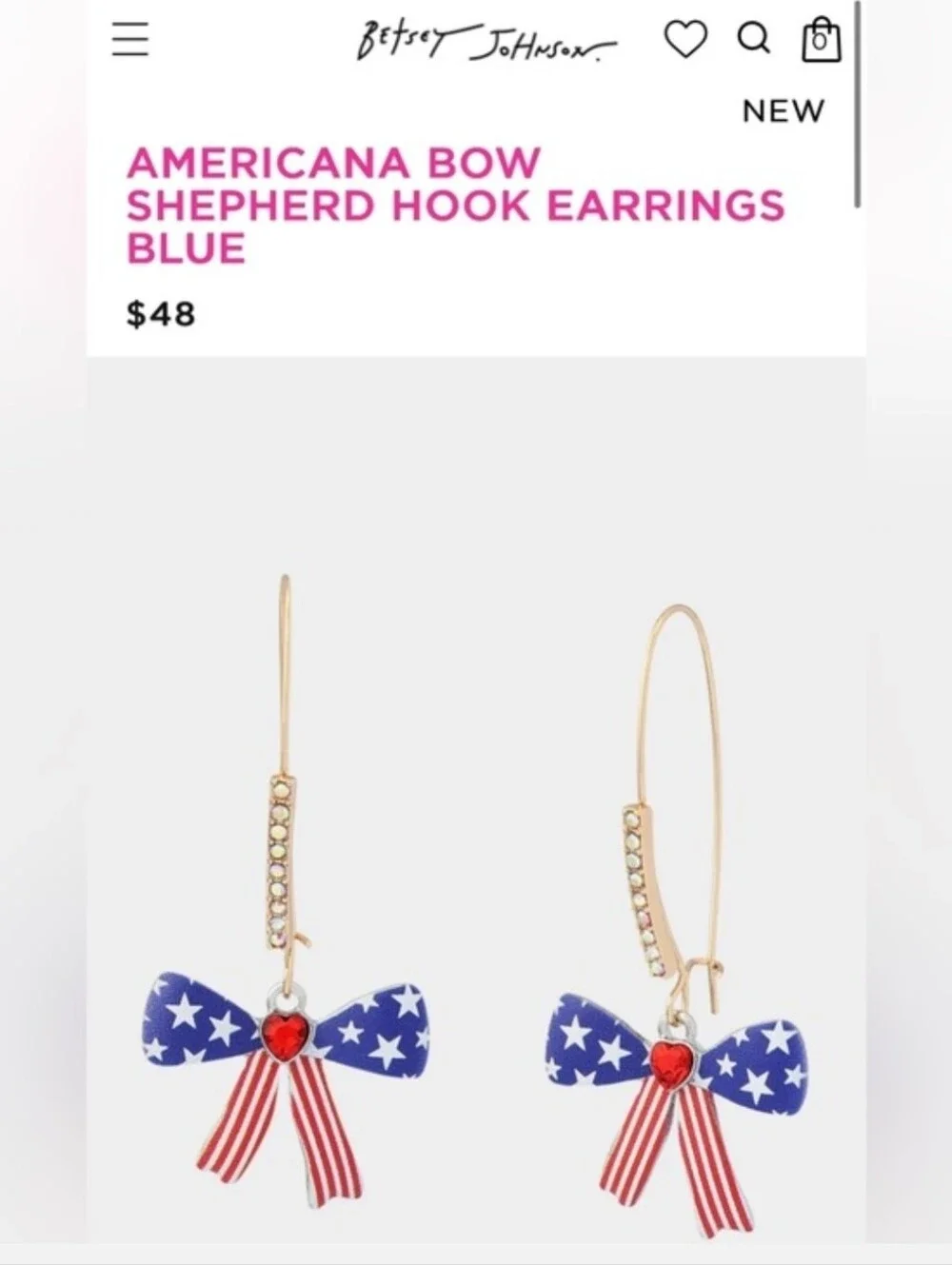 💙▪️Betsey Johnson ▪️Americana Patriotic Bow  Shephard Hook Drop Earring